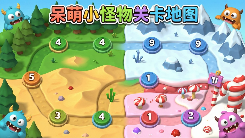 一张卡通风格的游戏关卡地图,地图上分布着多个圆形关卡节点,每个节点上标注数字,路径蜿蜒穿过森林、沙漠、雪山和糖果世界四种不同场景,地图角落有几只呆萌小怪物在探头张望,整体风格为清新明亮的3D卡通渲染,画质高清,画面干净,无多余元素,图片顶部用彩色字体写着“呆萌小怪物关卡地图”