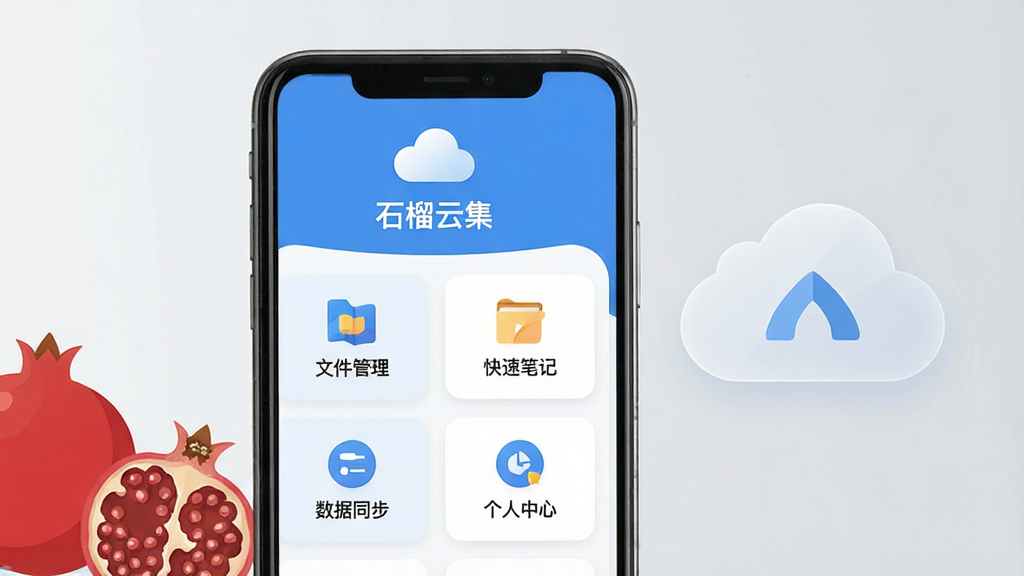 画面中央展示一部智能手机,手机屏幕显示“石榴云集”应用主界面,界面采用蓝白配色,顶部有云朵图标,下方排列文件管理、快速笔记、数据同步、个人中心四个功能模块。背景为浅灰色渐变,右侧悬浮半透明云存储示意图,左侧点缀几颗红色石榴果实。整体风格清新简约,扁平化设计,细节清晰,画质干净,无多余元素,适合软件下载站展示。