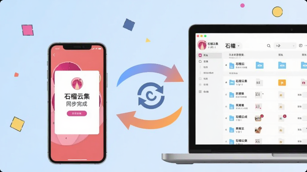 画面中央一部手机与一台笔记本电脑并排摆放,两者之间用一道弧形双向箭头连接,箭头内部带有旋转的同步图标。手机屏幕显示“石榴云集”同步完成界面,电脑屏幕显示同一账号下的文件列表。背景为浅蓝色渐变,周围点缀少量几何图形,风格简洁明快,扁平化设计,画质清晰,无杂乱元素。