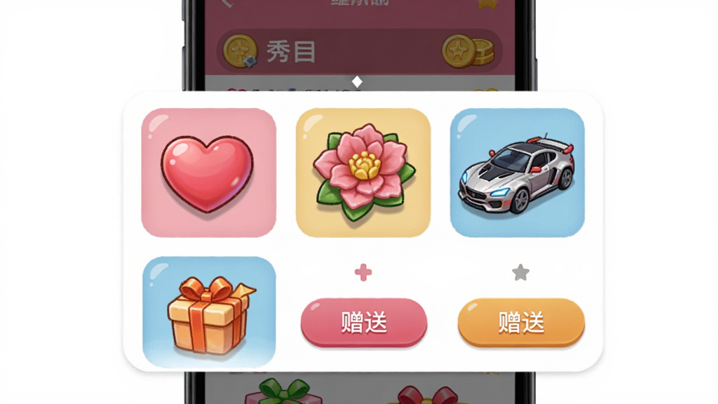 秀色直播礼物打赏界面,主体为手机屏幕中展示多种虚拟礼物图标与秀币余额,布局为礼物面板居中弹出,排版清晰,风格为精致卡通,细节包括爱心、鲜花、跑车等礼物造型与赠送按钮,画质干净无多余元素