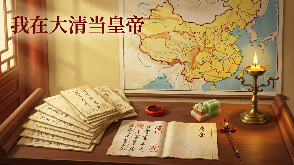 画面主体是一张堆满奏折的御案,案上摆放着朱砂笔、玉玺和青铜烛台,背景是悬挂着大清疆域图的军机处值房;布局采用俯视微侧视角,御案占据画面下半部分,奏折呈扇形摊开,上方留出空间展示墙上地图;排版在左上角用红色宋体标注“我在大清当皇帝”字样;风格为古风写实静物插画,色调偏暖黄与朱红;细节上奏折纸张纹理清晰,朱批字迹隐约可见,烛火映照出柔和的光晕;画质为高清,画面干净,无多余元素