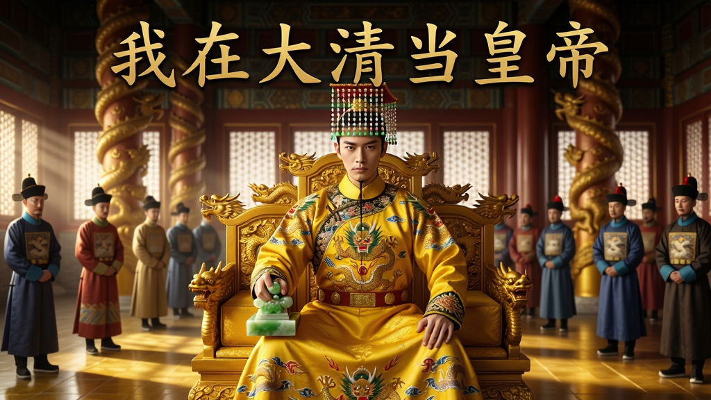 画面主体是一位身穿明黄色龙袍的年轻皇帝端坐在紫禁城太和殿的金漆龙椅之上,左手扶膝右手持玉玺,目光威严而深邃;布局采用居中对称构图,人物位于画面中央,背景两侧站立着文武百官与贴身太监,殿内蟠龙金柱高耸,地面铺设光洁的金砖;排版上方留白处用金色楷体书写“我在大清当皇帝”八个大字,字体庄重古朴;风格为写实古风CG插画,融合工笔画细节与现代光影渲染;细节上龙袍刺绣纹路清晰可见,冕旒珠帘垂落自然,殿外透入的晨光在地面形成柔和光斑;画质为4K超高清,画面干净整洁,无多余杂乱元素