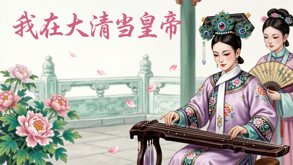 画面主体是一位身着旗装、头戴点翠钿子的妃嫔在御花园中抚琴,身旁有宫女执扇侍立;布局采用竖版构图,人物位于画面右侧三分线处,左侧留白处画出牡丹花丛与雕栏玉砌;排版在画面顶部用粉色行书书写“我在大清当皇帝”字样;风格为唯美古风插画,色调柔和粉紫与翠绿相间;细节上旗装刺绣花纹精致,琴弦根根分明,花瓣飘落动态自然;画质为高清,画面干净,无多余元素