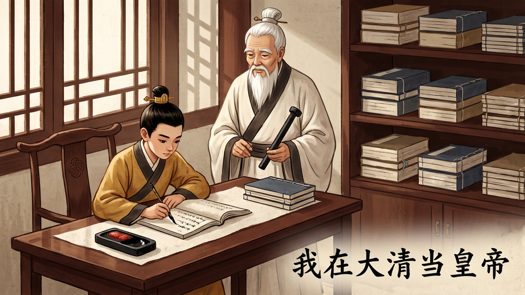 画面主体是一位少年皇子在书房中伏案读书,身旁站着一位白须太傅手持戒尺指导;布局采用斜侧视角,书案与人物占据画面中心偏左,右侧书架摆满线装古籍;排版在画面右下角用墨色楷体标注“我在大清当皇帝”字样;风格为古风教育场景插画,色调以檀木色与米白为主;细节上宣纸纹理、墨锭光泽、窗棂投影均细腻呈现;画质为高清,画面干净,无多余元素
