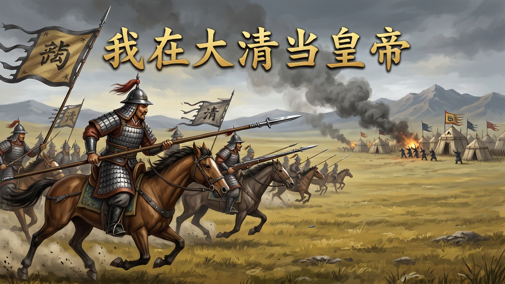 画面主体是一支身穿八旗铠甲、手持长矛与火铳的清军队伍在草原上列阵冲锋,远处是硝烟弥漫的敌军营寨;布局采用宽幅横版构图,军队从左向右推进,天际线处画出远山与战旗;排版在画面中央上方用金色隶书写“我在大清当皇帝”字样;风格为史诗战争插画,色调偏土黄与铁灰;细节上铠甲鳞片、马蹄扬尘、旗帜飘动均动态十足;画质为高清,画面干净,无多余元素
