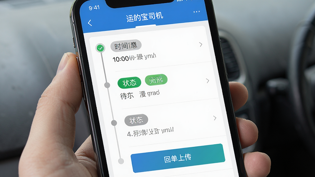 手机屏幕展示“运的宝司机”运单管理界面,包含时间轴、状态标签和回单上传按钮,布局为纵向列表,风格为简洁实用风,细节包括绿色完成标识、灰色待办标识、清晰的文字说明,画质高清,干净,无多余元素