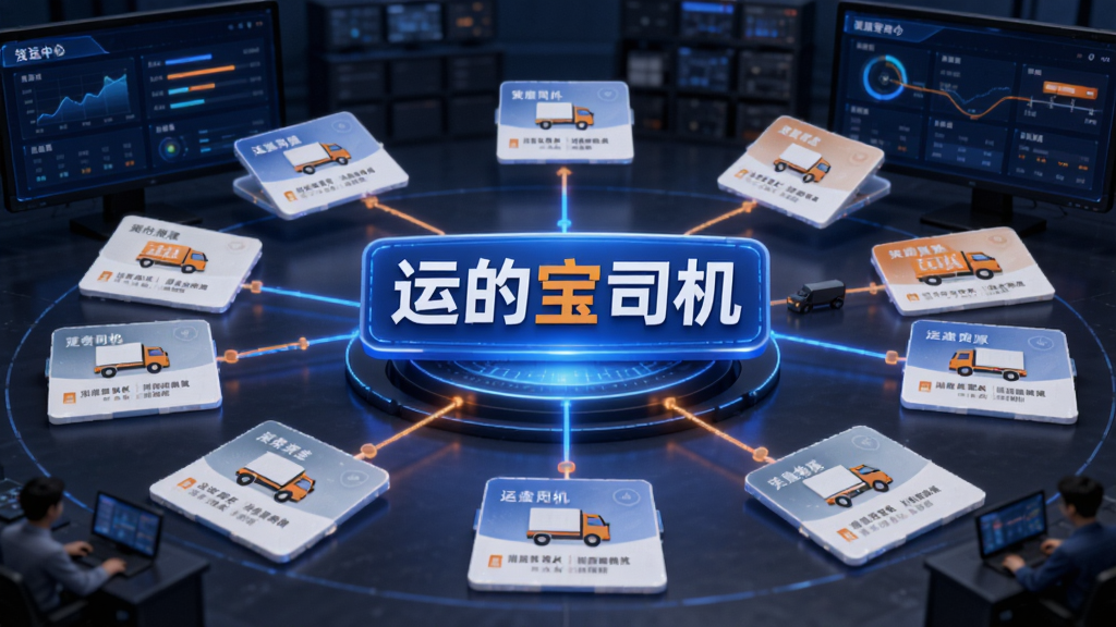 画面展示一个货运调度中心场景,中央悬浮着“运的宝司机”文字标识,周围环绕多个货源卡片和路线连线,布局以中心辐射式展开,风格为现代商务科技风,细节包括蓝色与橙色搭配、数据面板、货车图标,画质清晰,干净,无多余元素