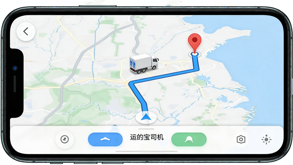 手机屏幕显示“运的宝司机”导航界面,地图上有货车图标和路线指引,布局为全屏地图加底部信息栏,风格为现代导航风,细节包括蓝色路线、红色起点终点标记、简洁按钮,画质高清,干净,无多余元素