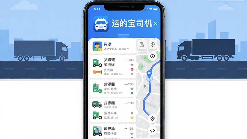 画面中央是一部智能手机,屏幕上显示“运的宝司机”应用界面,包含货源列表和地图导航元素,背景是高速公路与货车剪影,布局采用上下分栏,上方为应用图标与名称,下方为功能展示,风格为扁平化科技感,细节包括蓝色主色调、简洁图标、清晰的文字标签,画质高清,干净,无多余元素