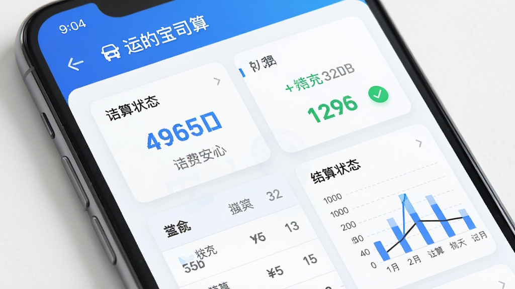 画面为手机屏幕显示“运的宝司机”运费结算页面,包含金额数字、结算状态和统计图表,布局为卡片式排列,风格为清新金融风,细节包括蓝色数字、绿色对勾、简洁表格,画质清晰,干净,无多余元素