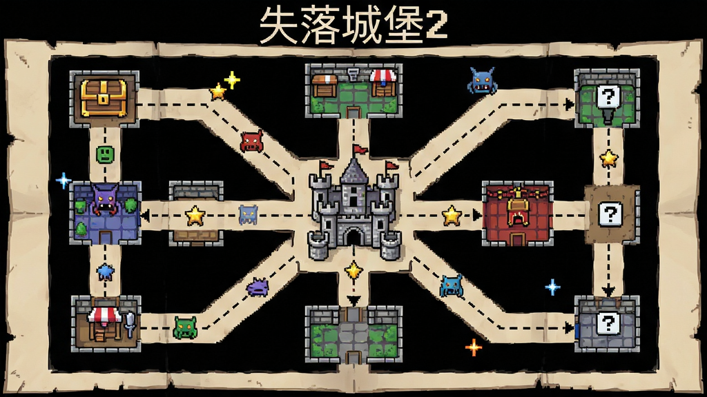 画面主体为一张展开的像素风格地牢地图,地图上分布着多个不同颜色的房间图标,包括宝箱房、商店、首领房和问号事件房,布局以中央城堡为中心向外辐射,风格为复古游戏界面与手绘地图结合,细节包括虚线路径、小怪物头像标记、闪烁的星星符号,画质清晰干净,无多余元素,地图上方用像素字体写着“失落城堡2”