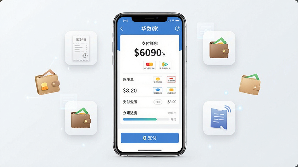 一幅展示“华数i家”生活缴费功能的界面示意图,画面中央是手机屏幕,显示缴费页面、账单列表和支付按钮,周围有账单、钱包、办理业务的图标漂浮。布局为居中对称式,风格为简洁商务风,细节包括清晰的数字金额、支付方式图标、办理进度条。画质高清,干净,无多余元素。