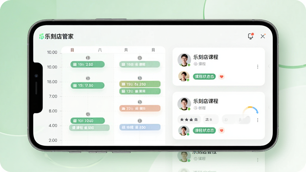 一张展示教练排班与课程管理界面的AI生成图,主体为手机屏幕上的排班日历与课程列表,布局采用左侧时间轴、右侧课程卡片,排版规整,风格清爽简洁,细节包含教练头像、时间段标签、课程状态色块,画质高清,背景为浅绿色与白色搭配,画面中带有