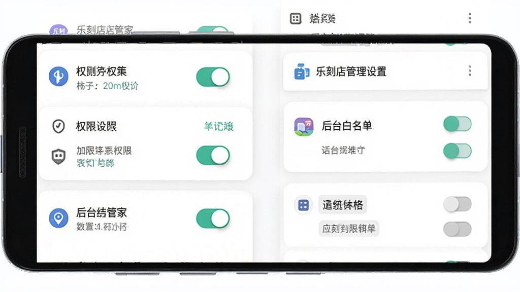 一张展示手机应用权限设置与后台管理界面的AI生成图,主体为安卓手机屏幕上的权限开关列表与后台白名单设置,布局采用上下排列的选项卡片,排版清晰,风格简约实用,细节包含开关按钮、权限图标、文字说明,画质高清,背景为白色,画面中带有
