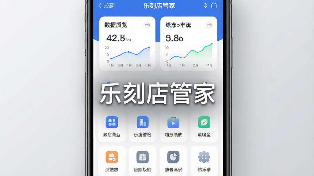 一张干净简洁的软件界面展示图,主体为手机屏幕显示乐刻店管家应用首页,布局采用上下结构,上方为门店数据概览卡片,下方为功能图标网格,排版整齐有序,风格现代商务,细节包含清晰的数字图表、图标标签、圆角卡片设计,画质高清,背景为浅灰色渐变,干净无多余元素,画面中央带有