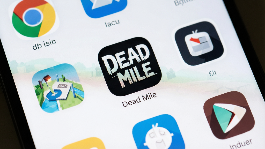 手机屏幕显示Dead Mile游戏安装完成的界面,图标位于桌面中央,周围有其他应用图标,画面中有