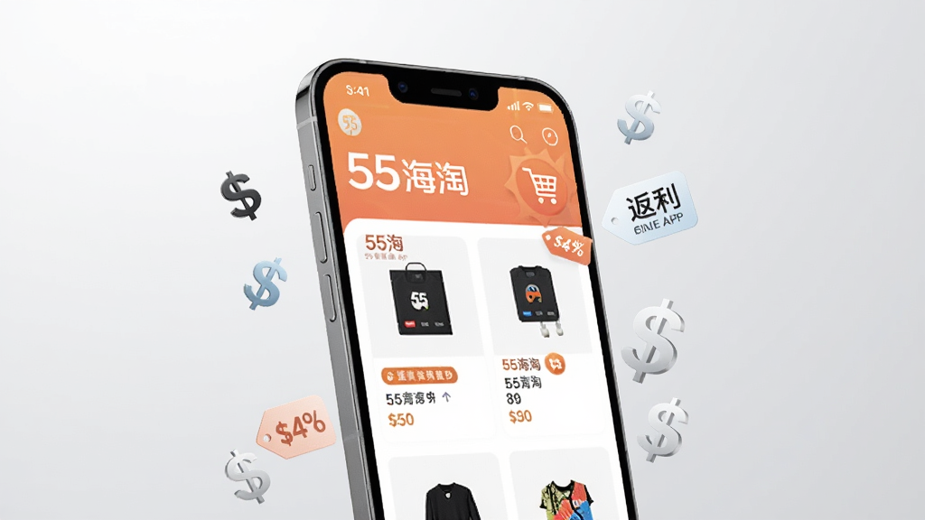 主体为一部智能手机,屏幕上显示55海淘APP首页界面,包含商品卡片和返利标识;布局采用居中构图,手机略微倾斜展示;排版上以手机为主体,背景为浅灰色渐变;风格为现代简约科技感;细节上屏幕内可见“55海淘”文字和购物车图标,周围漂浮着美元符号和折扣标签;画质清晰,干净,无多余元素