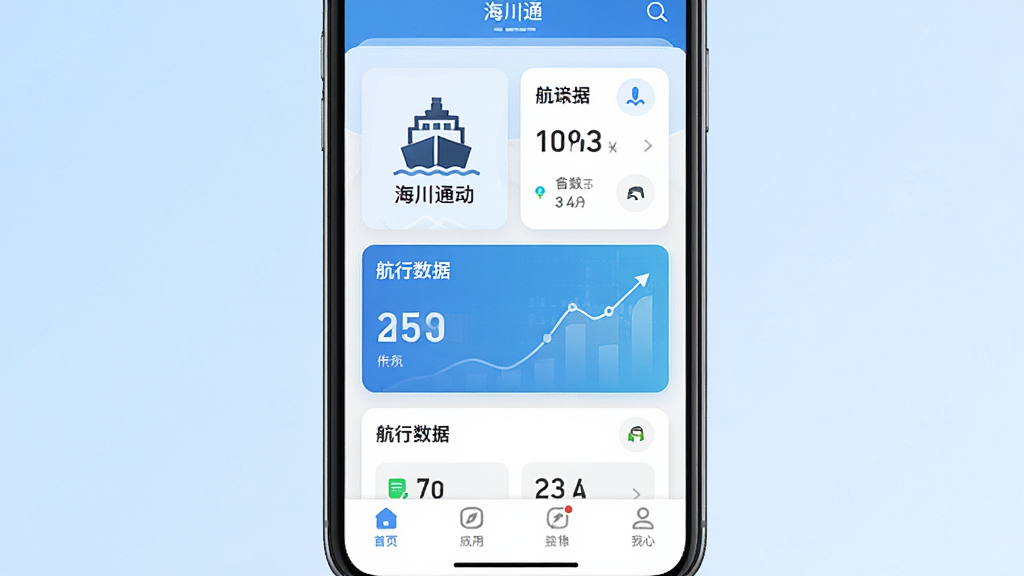 一张展示海川通应用主界面的手机样机图,画面中央是一部竖屏智能手机,屏幕上显示海川通APP的首页界面,包含船舶图标、航行数据卡片和底部导航栏,背景为干净的浅蓝色渐变,整体布局简洁清晰,风格现代商务,细节上突出界面中的功能模块和图标,画质高清,干净,无多余元素。