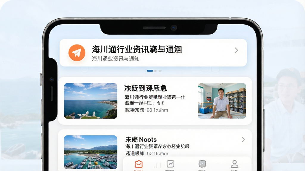 一张展示海川通行业资讯与通知功能的界面图,画面中手机屏幕显示资讯列表和通知横幅,资讯卡片带有标题和缩略图,顶部有醒目的通知提示,背景为清爽的浅色,布局整齐,风格资讯类应用常见样式,细节上突出通知图标和资讯标题,画质高清,干净,无多余元素。
