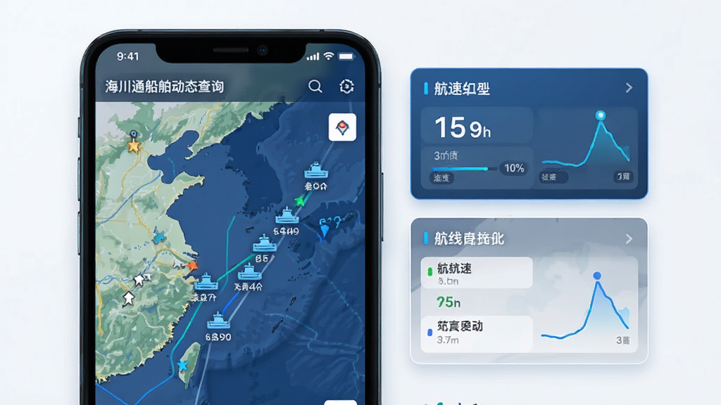 一张展示海川通船舶动态查询功能的界面截图风格图片,画面主体为手机屏幕,屏幕中显示地图与船舶位置标记,旁边有航速和航线信息卡片,布局清晰,排版整齐,风格科技感十足,细节上突出地图上的船舶图标和数据面板,画质高清,干净,无多余元素。