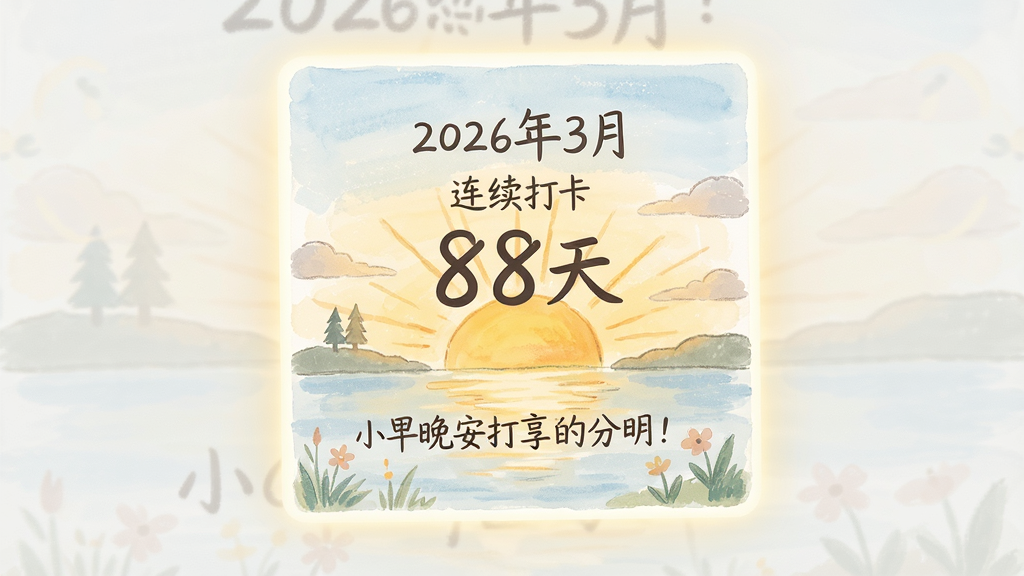 小来早晚安打卡分享卡片,画面展示一张方形卡片,卡片上有日期“2026年3月”、连续打卡“88天”字样和一句温馨寄语,背景为手绘风格的日出插画,卡片四周有柔和光晕,整体风格文艺清新,布局居中对称,细节包括手写字体和淡雅配色,画质高清干净无多余元素