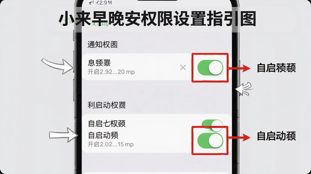 小来早晚安权限设置指引图,画面展示手机设置界面中通知权限和自启动权限的开启位置,用红色方框标注关键开关,背景为浅灰色,界面元素清晰可辨,风格为教程示意图,布局从上到下依次排列,细节包括箭头指引和文字标注,画质高清干净无多余元素