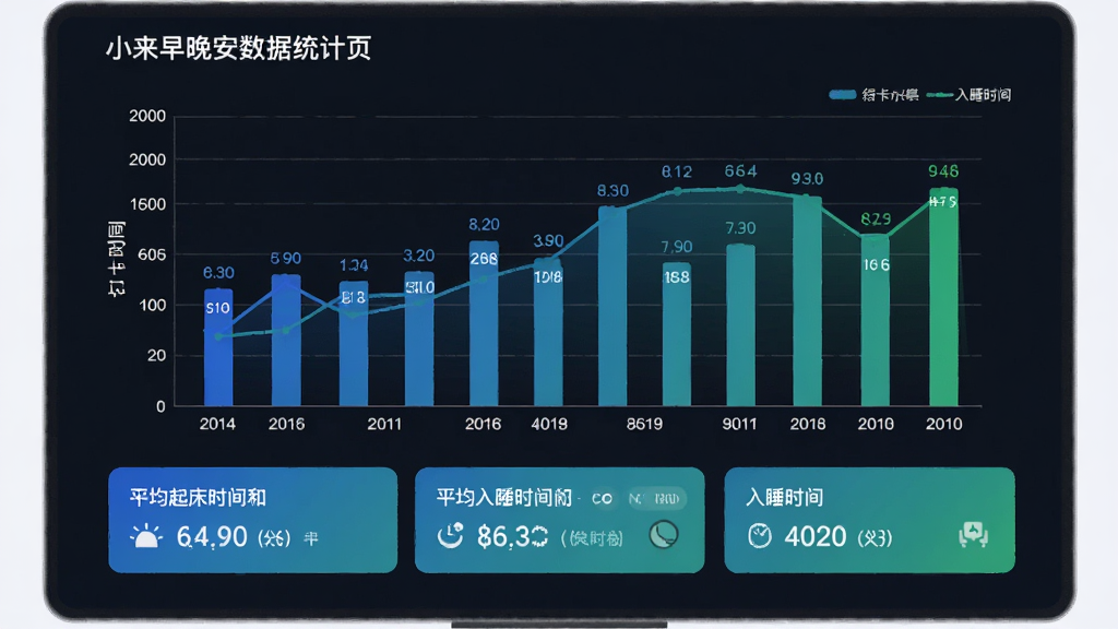 小来早晚安数据统计页面,画面中央为柱状图和折线图组合,横轴为日期纵轴为打卡时间,图表配色为蓝绿渐变,图表下方有平均起床时间和平均入睡时间的数据卡片,整体风格商务简约,布局清晰,细节包括网格线和数据标签,画质高清干净无多余元素