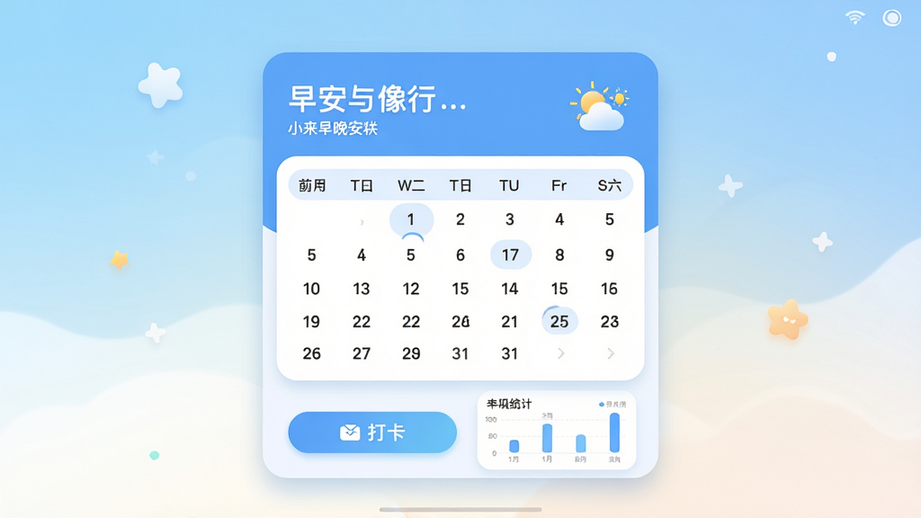小来早晚安软件主界面截图,画面中央展示清新蓝白配色的打卡日历面板,顶部有早安问候语和天气小图标,底部排列打卡按钮与统计图表,整体布局简洁明快,风格温馨治愈,细节包括圆角卡片、渐变背景和柔和阴影,画质高清干净无多余元素