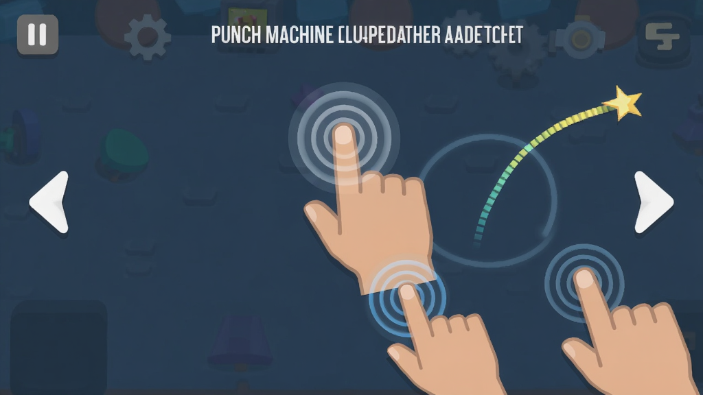 手机游戏Punch Machine的新手操作引导界面,主体是手指滑动和点击的动画演示,画面布局为竖屏全屏,排版清晰,风格为扁平化图标风格,细节包括左右箭头、点击波纹、跳跃轨迹线,画质高清,画面干净,无多余元素