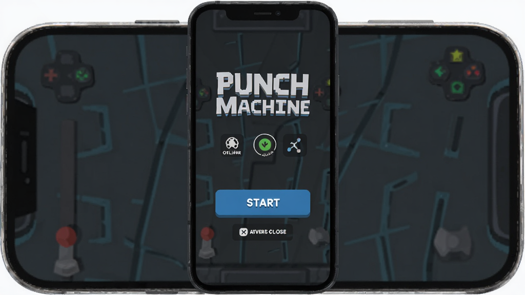 手机屏幕显示Punch Machine游戏界面,主体是游戏主菜单和开始按钮,画面布局为竖屏居中,排版简洁,风格为现代扁平化,细节包括离线模式图标、小体积标识、广告关闭按钮,画质高清,画面干净,无多余元素