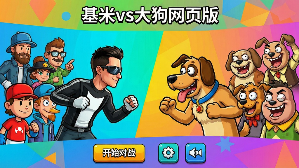 一款名为“基米vs大狗网页版”的休闲竞技游戏主界面全景展示,画面中央是基米与大狗两个角色对峙的生动场景,左侧是基米阵营的卡通角色群像,右侧是大狗阵营的搞怪角色,背景采用明亮的渐变色彩与几何图形拼接,界面顶部有“基米vs大狗网页版”字样,底部是开始对战按钮与模式选择图标,整体风格活泼明快,细节清晰,画质干净,无多余元素
