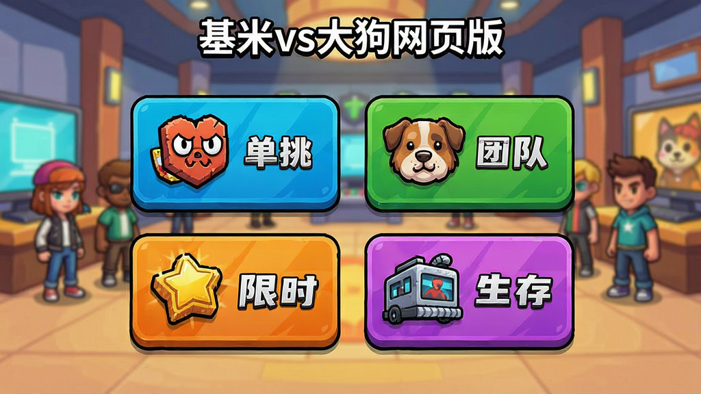 一张“基米vs大狗网页版”模式选择界面截图风格的插画,画面中展示四个模式入口图标,分别代表单挑、团队、限时和生存,图标设计各具特色,背景是游戏内的虚拟大厅,有角色在旁等待,整体色调活泼,排版整齐,画质清晰,无多余装饰