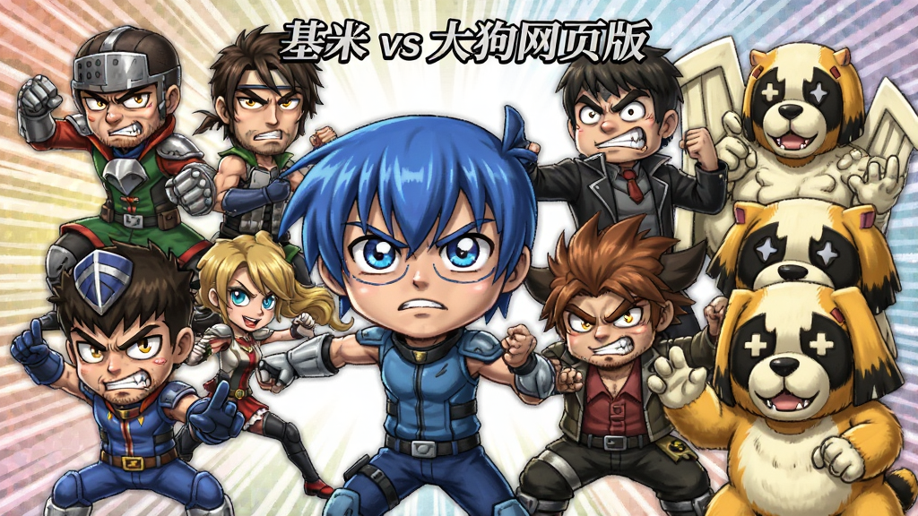 一幅“基米vs大狗网页版”角色全家福插画,画面中基米阵营的多个角色与大狗阵营的多个角色分列两侧,每个角色都摆出夸张的战斗姿态,表情丰富,色彩对比强烈,背景用放射状线条增强动感,整体风格卡通搞笑,细节精致,画质干净
