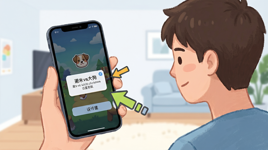 一幅“基米vs大狗网页版”新手引导场景插画,画面中一位玩家正拿着手机,屏幕显示游戏加载界面与提示弹窗,旁边有箭头指向设置选项,背景是简洁的房间环境,风格清新,突出避坑与设置要点,画质干净,构图清晰
