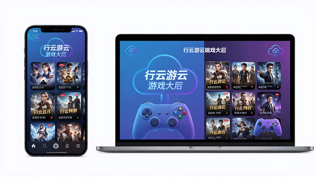 行云游云端游戏平台主界面预览图,主体为一部智能手机和一台笔记本电脑屏幕,屏幕中显示着行云游云游戏大厅的游戏封面列表,布局为左右分屏展示设备同步画面,排版简洁清晰,风格为科技感蓝紫渐变色调,细节包括云端服务器图标和游戏手柄元素,画质高清,画面干净无多余元素。