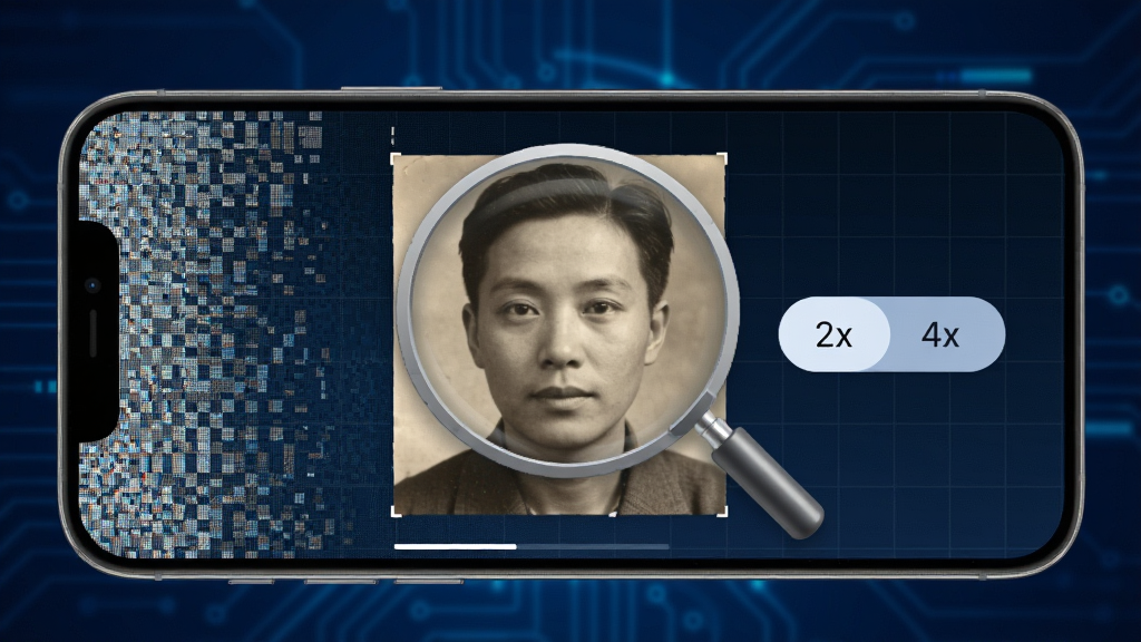 旧照高清修复一键高清放大功能展示,一部手机横屏显示一张小尺寸老照片正在被放大,屏幕中有一个放大镜图标和倍数选择条显示