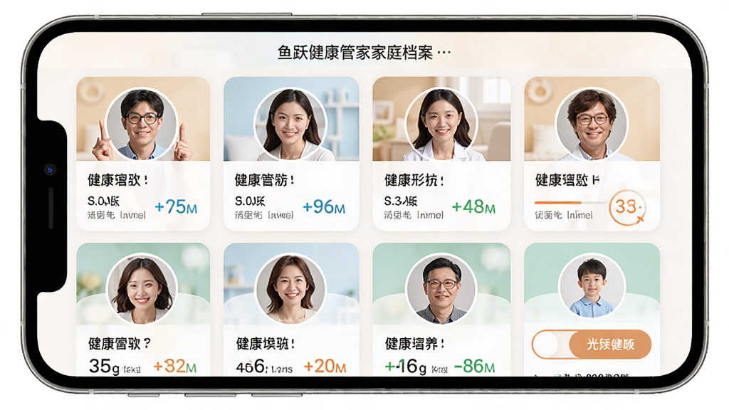 鱼跃健康管家家庭成员健康档案界面,手机屏幕显示多个家庭成员头像卡片,每个卡片下方有健康指标摘要,布局采用网格排列,排版清晰有序,风格温馨家庭健康风,细节展示不同成员的数据差异和切换按钮,画质高清,画面干净,无多余元素