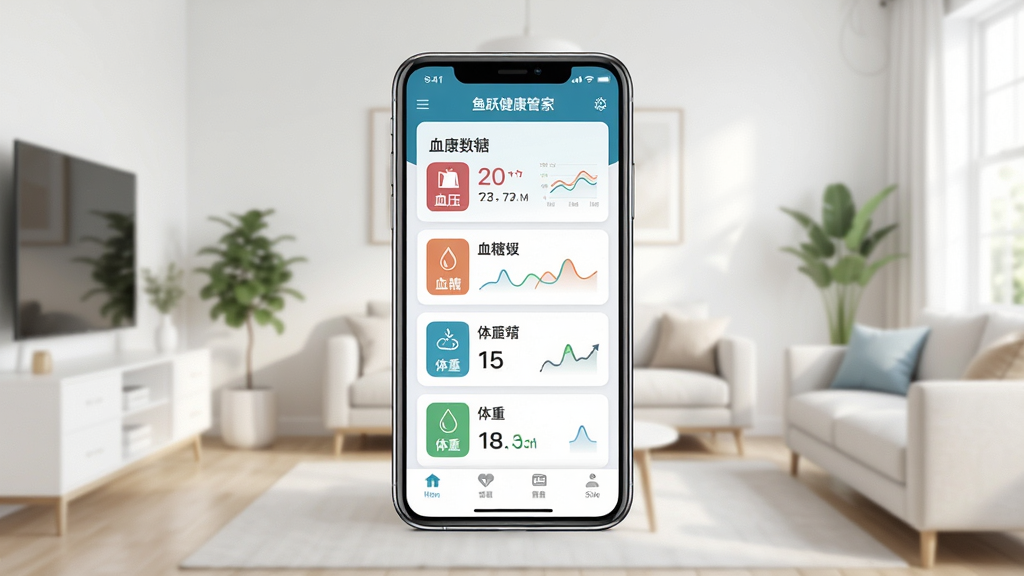 鱼跃健康管家软件主界面全貌展示,画面中央放置一部智能手机,屏幕显示健康数据仪表盘,包含血压、血糖、体重等指标卡片,背景为干净明亮的居家环境,布局居中对称,排版清晰整齐,风格简洁现代医疗健康风,细节上突出数据图表和数值显示,画质高清,画面干净,无多余元素