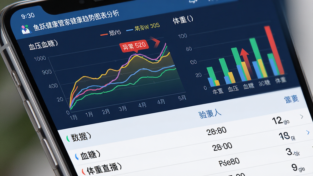 鱼跃健康管家健康趋势图表分析界面,手机屏幕展示多条彩色折线图和柱状图,标注血压、血糖、体重等不同指标,布局采用上下分层排版,上方为图表区域下方为数据列表,风格专业医疗数据风,细节突出异常数值红色标注和趋势箭头,画质高清,画面干净,无多余元素