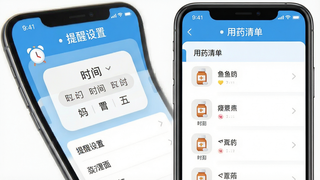 鱼跃健康管家健康提醒与用药管理界面,手机屏幕展示提醒设置页面和用药清单,包含时间选择器和药品图标,布局采用列表式排版,风格清新简洁风,细节突出闹钟图标和药品名称文字,画质高清,画面干净,无多余元素