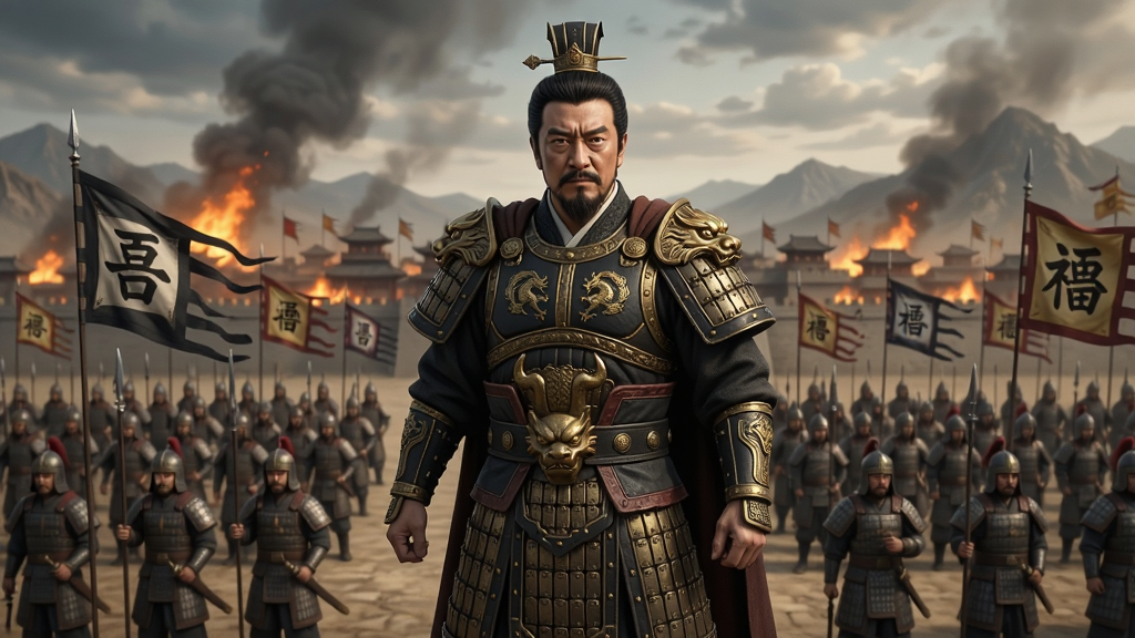 一幅以乱世曹操传为主题的三国策略游戏画面,主体是身披黑金铠甲的曹操立于高台之上,身后是整齐的曹魏军阵与飘扬的战旗,远景为燃烧的城池与群山,布局采用中心构图,曹操位于画面中央偏上,下方为士兵阵列,风格为写实国风加轻度奇幻,细节包括铠甲纹路、旗帜上的曹字、远处烽火与云层,画质高清,画面干净,无多余元素