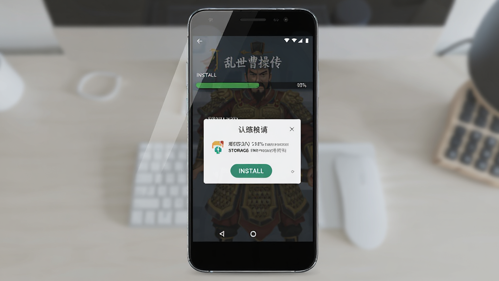 以乱世曹操传移动端安装界面为画面主体,展示安卓手机屏幕上的安装进度条与权限确认弹窗,背景为简洁桌面,布局为手机正面特写,风格为科技扁平化,细节包括安装按钮、存储权限图标、进度百分比、手机边框反光,画质清晰,画面干净,无多余元素
