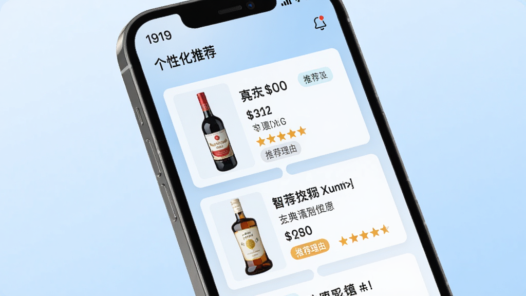 1919应用智能推荐页面效果图,手机屏幕显示个性化酒水推荐列表,包含酒瓶图片、名称、价格和推荐标签,背景为柔和的浅蓝色渐变,主体为手机与推荐卡片,布局采用瀑布流式排版,风格现代科技感,细节呈现推荐理由和评分星级,画质高清,干净无多余元素