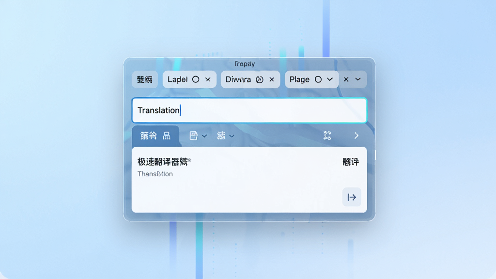 极速翻译器软件主界面展示,画面中央是悬浮翻译窗口,背景为浅蓝色渐变,界面简洁干净,包含语言选择栏、输入框与翻译结果区域,风格现代科技感,高清画质,无多余元素