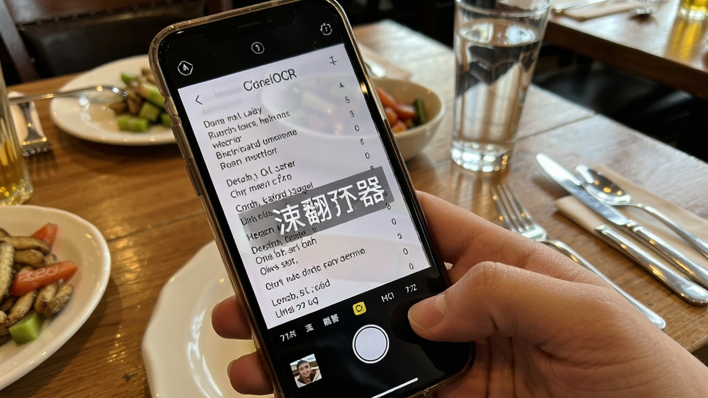 极速翻译器OCR拍照翻译场景,手机摄像头对准英文菜单,屏幕上叠加中文翻译结果,背景为餐厅桌面,风格写实,细节丰富,画质高清