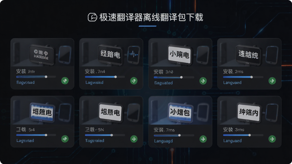 极速翻译器离线翻译包下载页面,界面显示多个语言包卡片,带有下载进度条与已安装标识,背景为深色模式,风格科技感,画质清晰无杂乱