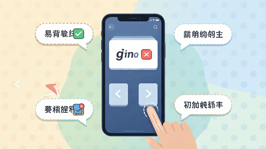 一张展示易背单词新手操作界面的示意图,主体为手机屏幕显示单词卡片与左右滑动箭头,布局为手机居中,周围环绕提示气泡,排版清晰,风格为扁平化UI插画,细节包括绿色对勾与红色叉号图标、手指滑动轨迹、柔和背景色,画质高清,画面干净,无多余元素
