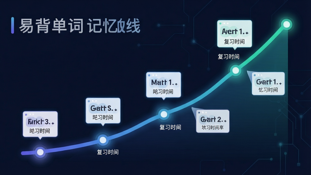 一张表现易背单词记忆曲线功能的示意图,主体为一条平滑的记忆曲线与单词卡片图标,布局为曲线从左下向右上延伸,卡片分布在曲线关键节点上,排版清晰,风格为现代科技感扁平插画,细节包括渐变色曲线、发光节点、小字标注复习时间,画质高清,画面干净,无多余元素