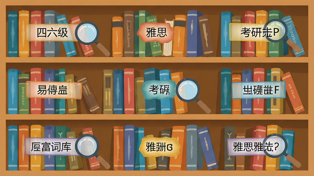 一张展示易背单词丰富词库的示意图,主体为多个书架与单词书排列,布局为书架分层展示不同考试标签,排版整齐,风格为简约扁平插画,细节包括四六级、考研、雅思等文字标签、彩色书脊、放大镜元素,画质高清,画面干净,无多余元素
