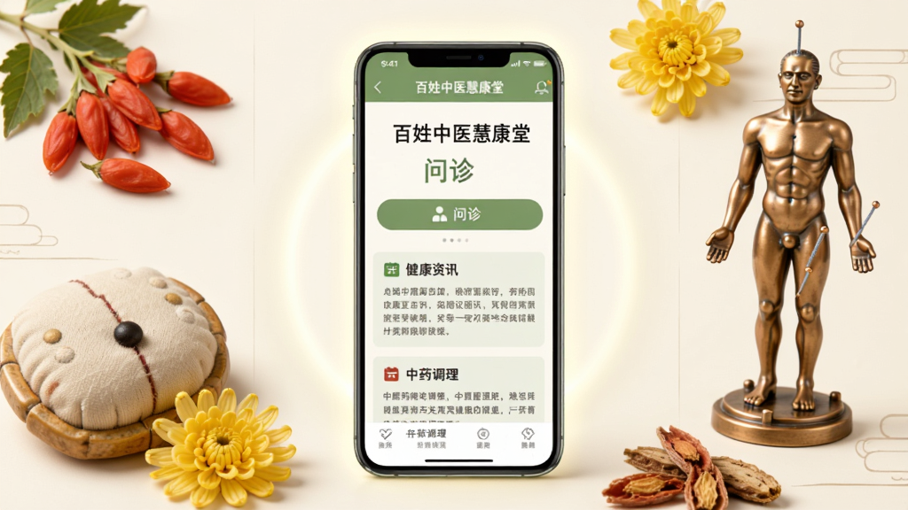 画面主体为一部智能手机,手机屏幕显示百姓中医慧康堂软件首页界面,界面布局清晰,包含问诊入口、健康资讯和中药调理板块。手机周围环绕着中医元素,如枸杞、菊花、脉枕、针灸铜人模型。布局采用中心构图,手机居中,元素环绕四周。排版整洁,风格为清新中医风,色调以米白、淡绿、浅棕为主。细节上,手机屏幕有柔和光晕,药材纹理清晰。画质高清,干净,无多余元素。